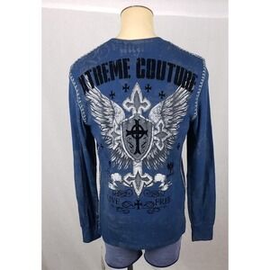 Xtreme‎ Couture Shirt Mens Large Blue Thermal Long Sleeve Cross Wings Graphic